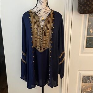 Navy Blue Tunic/coverup Top with Gold Embroidered Yoke